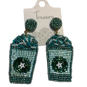 NEW Earrings Coffee Cups Seed Beaded Green White Teal Stars Felt Back Starbucks